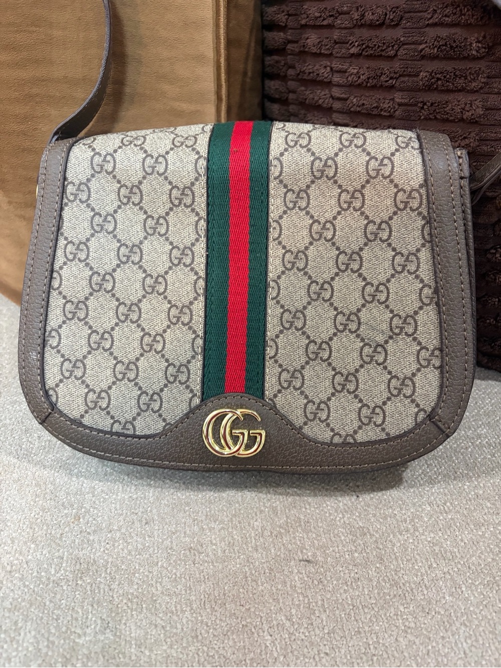 Gucci Beige Brown GG Canvas Crossbody with Red-Green Web Stripe